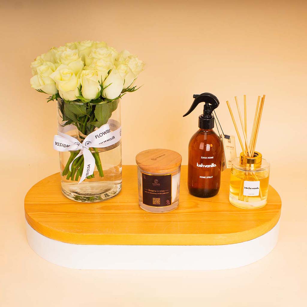 product-image-Zaha Home Serenity & Roses Bundle - Vanilla Spray & Oud Diffuser & Bliss Candle & White Roses
