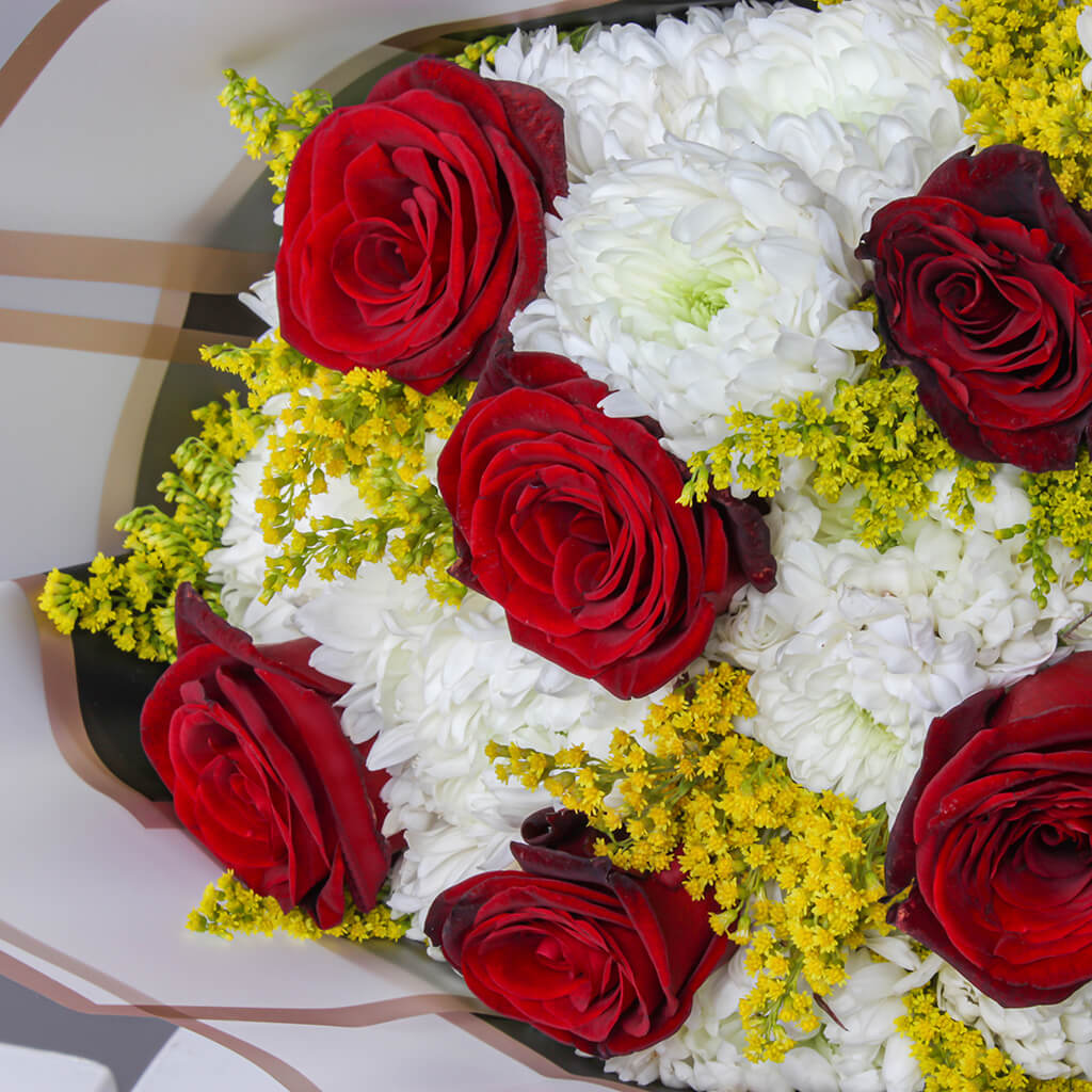 product-image-Red & White Chrysanthemums Hand Bouquet