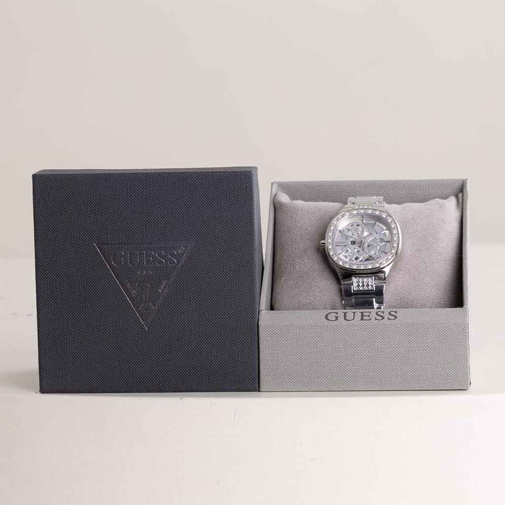 product-image-GUESS Ladies Silver Tone Square Watch & Revival Roses Bouquet
