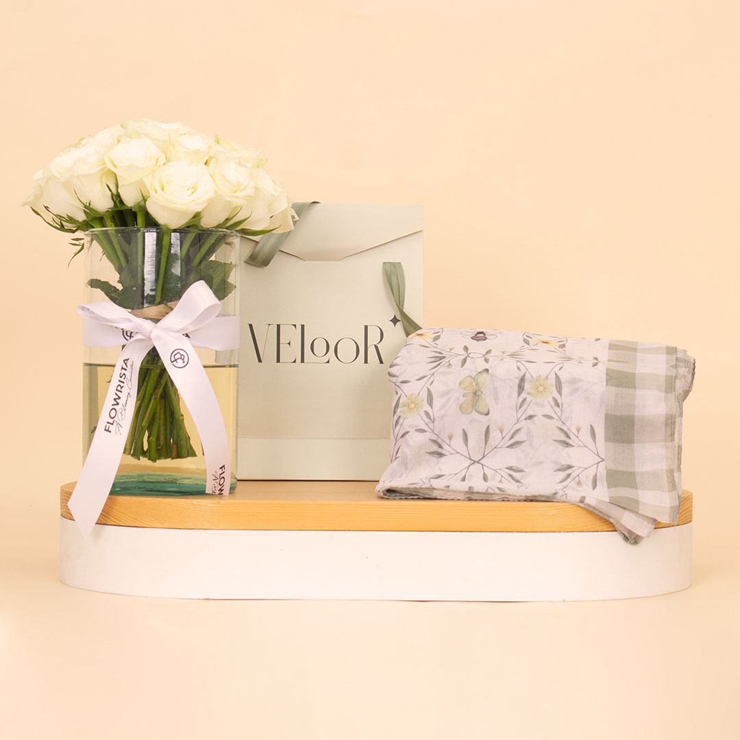 product-image-Veloor Scarf | Butterbees and White Rose Vase