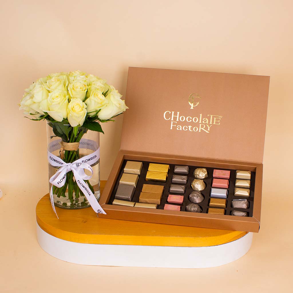 product-image-Chocolate Factory Luxe Box – 28 Pieces & White Roses Vase