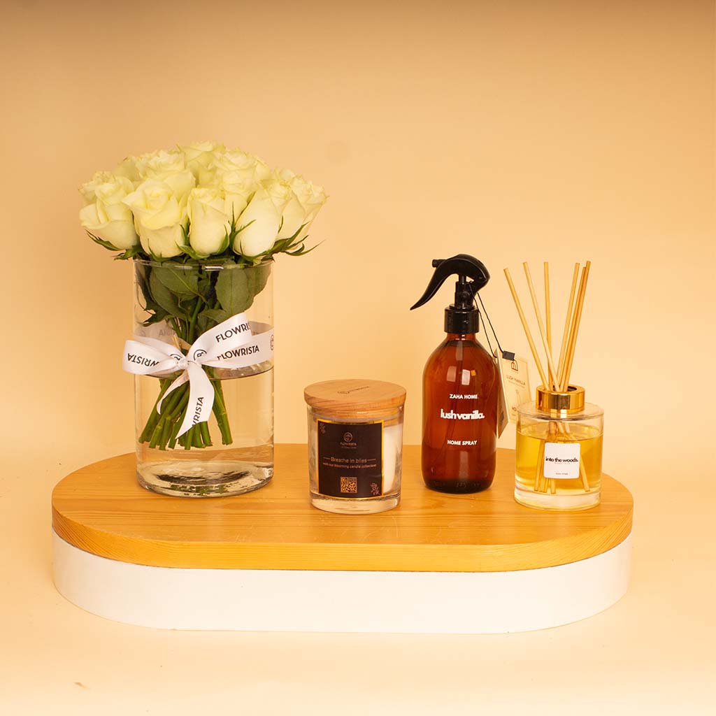 product-image-Zaha Home Serenity & Roses Bundle - Vanilla Spray & Oud Diffuser & Bliss Candle & White Roses