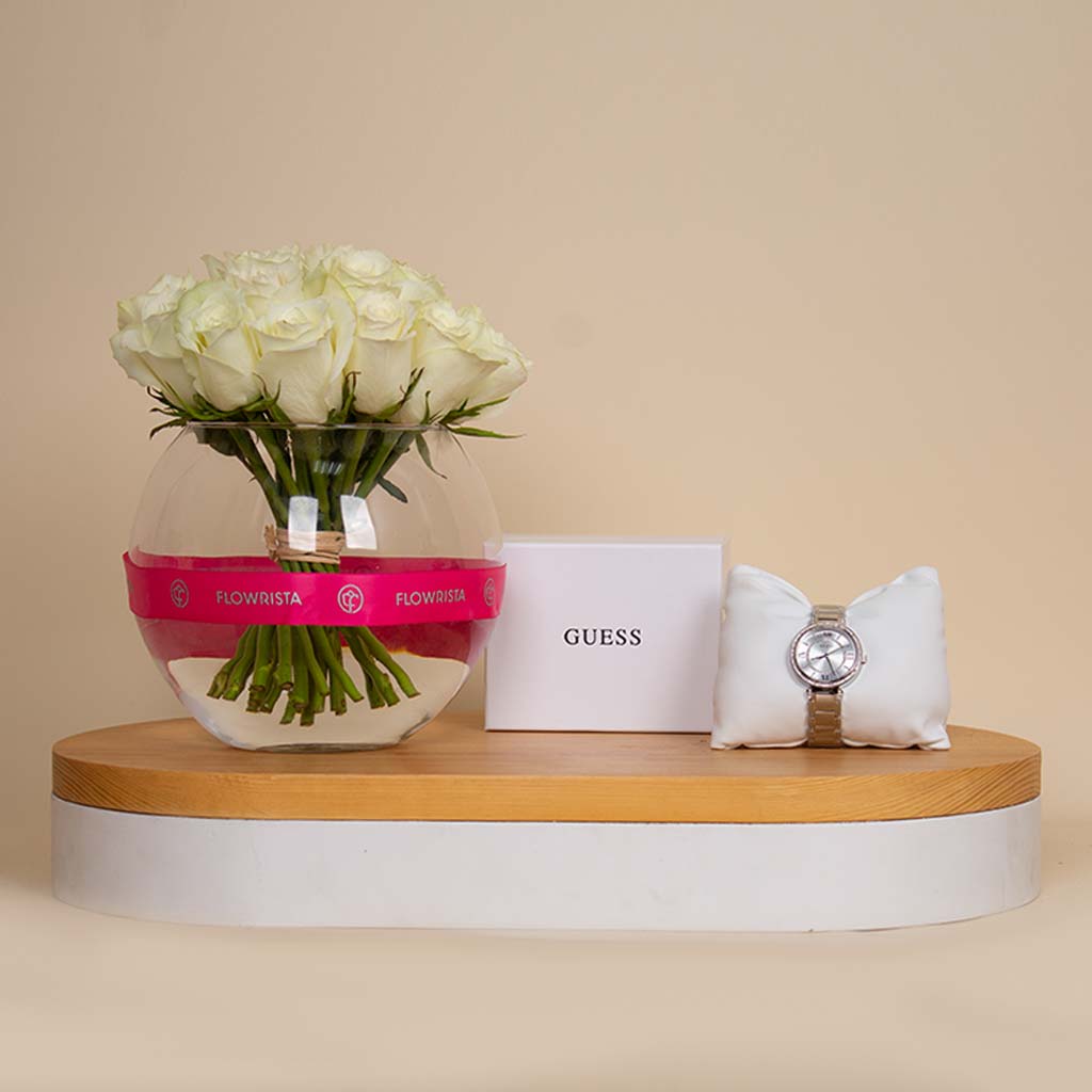 product-image-Guess Montage Watch GW0588L2 & 20 White Roses