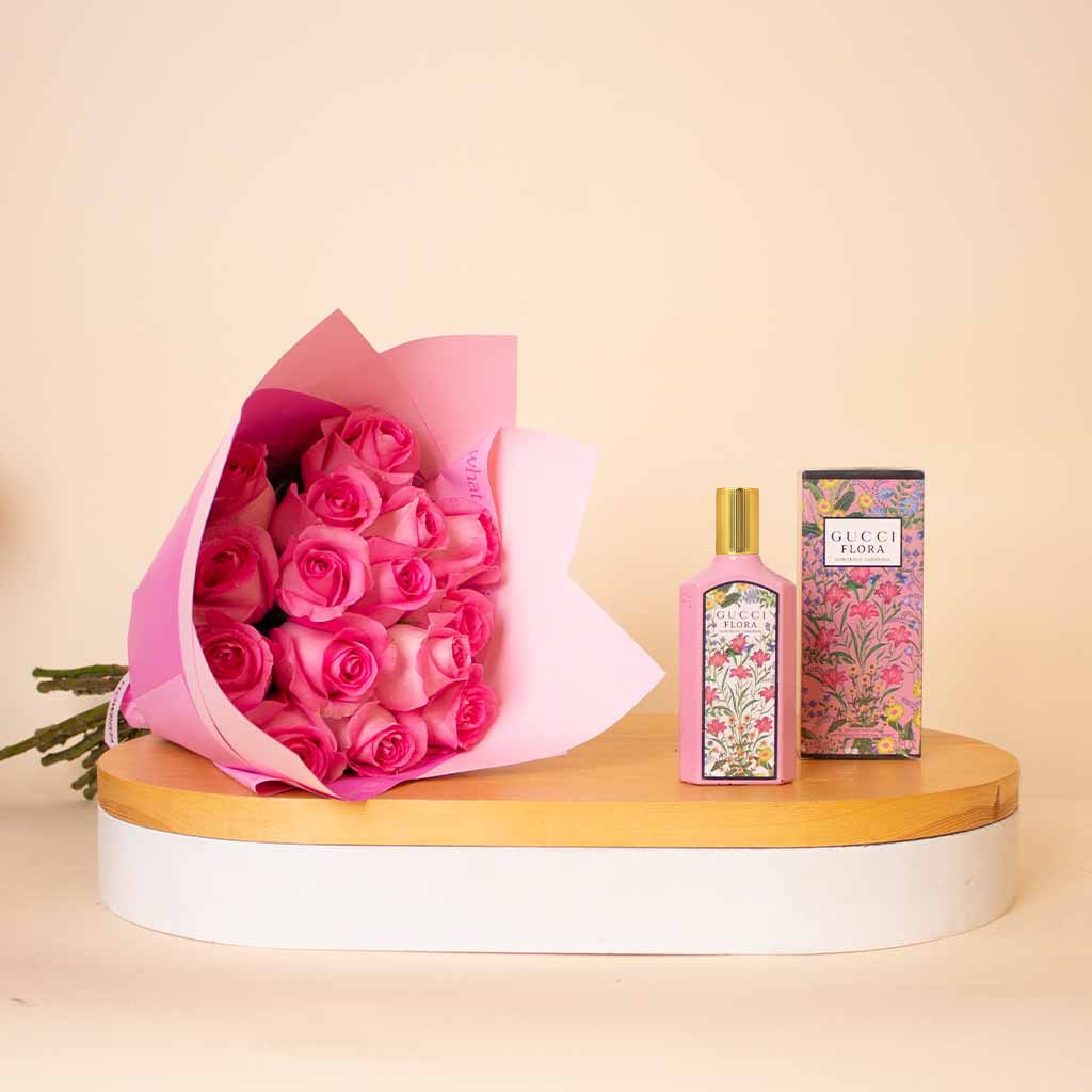 product-image-عطر غوتشي فلورا جورجيوس غاردينيا للنساء 100 مل مع باقة من الورود الوردية
