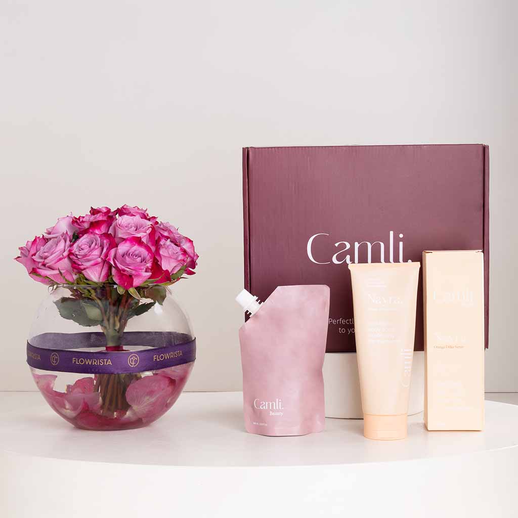 product-image-Nayra Body Butter Refill Bag & Nayra Orange Scented Dilka Body Scrub & Purple Roses Bouquet