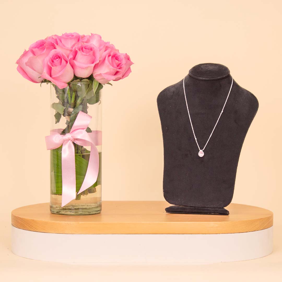 product-image-Markiz Teardrop Necklace with Pink Zircon & 15 Pink Roses Vase