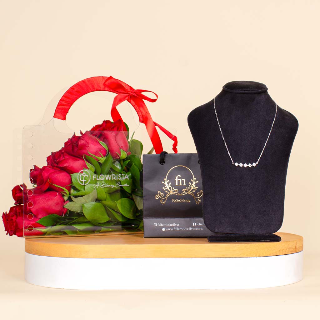 product-image-Valentine’s Gift – Felizmoda Silver Zircon Necklace & 12 Red Roses