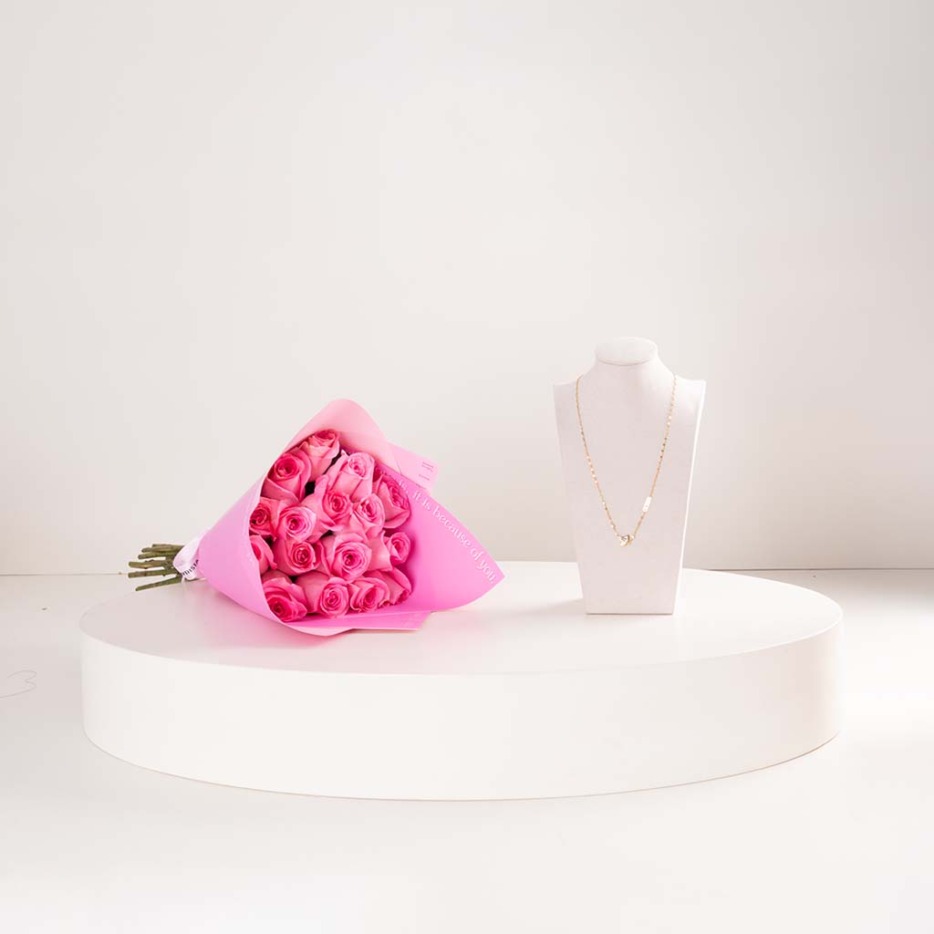 product-image-GUESS Fan Gold Stainless Steel Necklace with Zircons & Pink Roses Bouquet