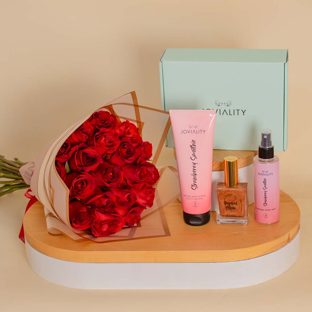 product-image-Joviality Strawberry Body Care Set with 20 Red Roses Hand Bouquet