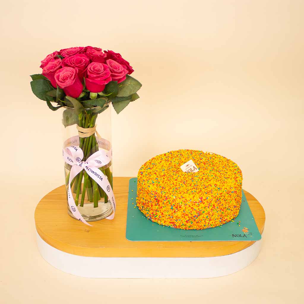 product-image-Nola Rainbow Cake & Fuchsia Roses Vase