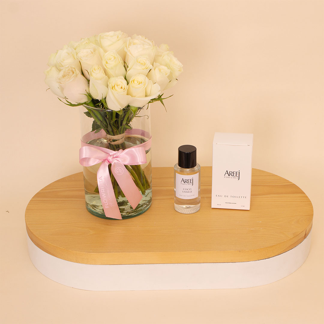 product-image-Areej Coco Vanille Eau de Toilette & 15 White Roses Vase