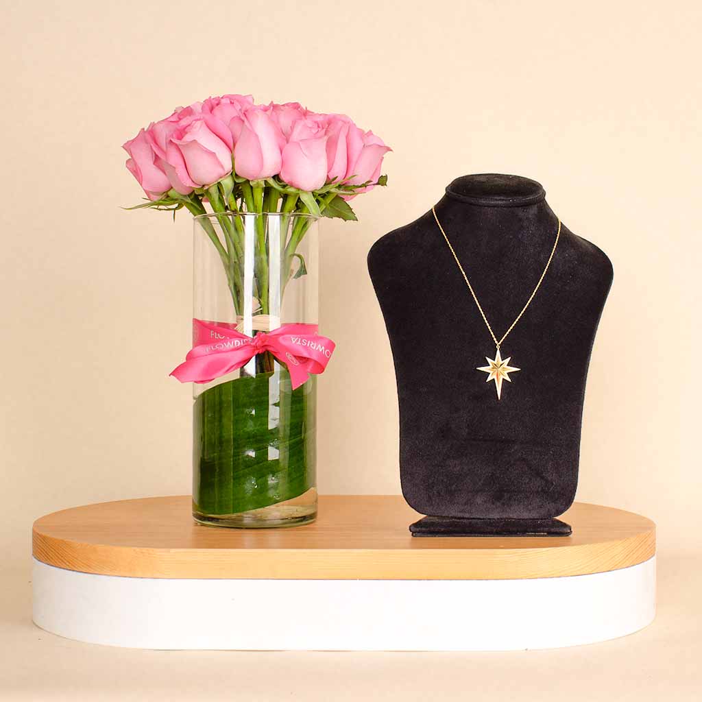 Flowrista Online Flowers Shop Feliz Moda star silver necklace gold plated | 15 Pink Flower Vase