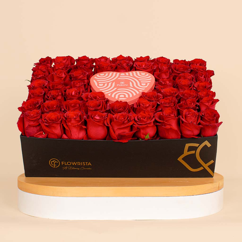 Flowrista Online Flowers Shop Patchi Tin Box of 22 Pieces | 55 Red Roses