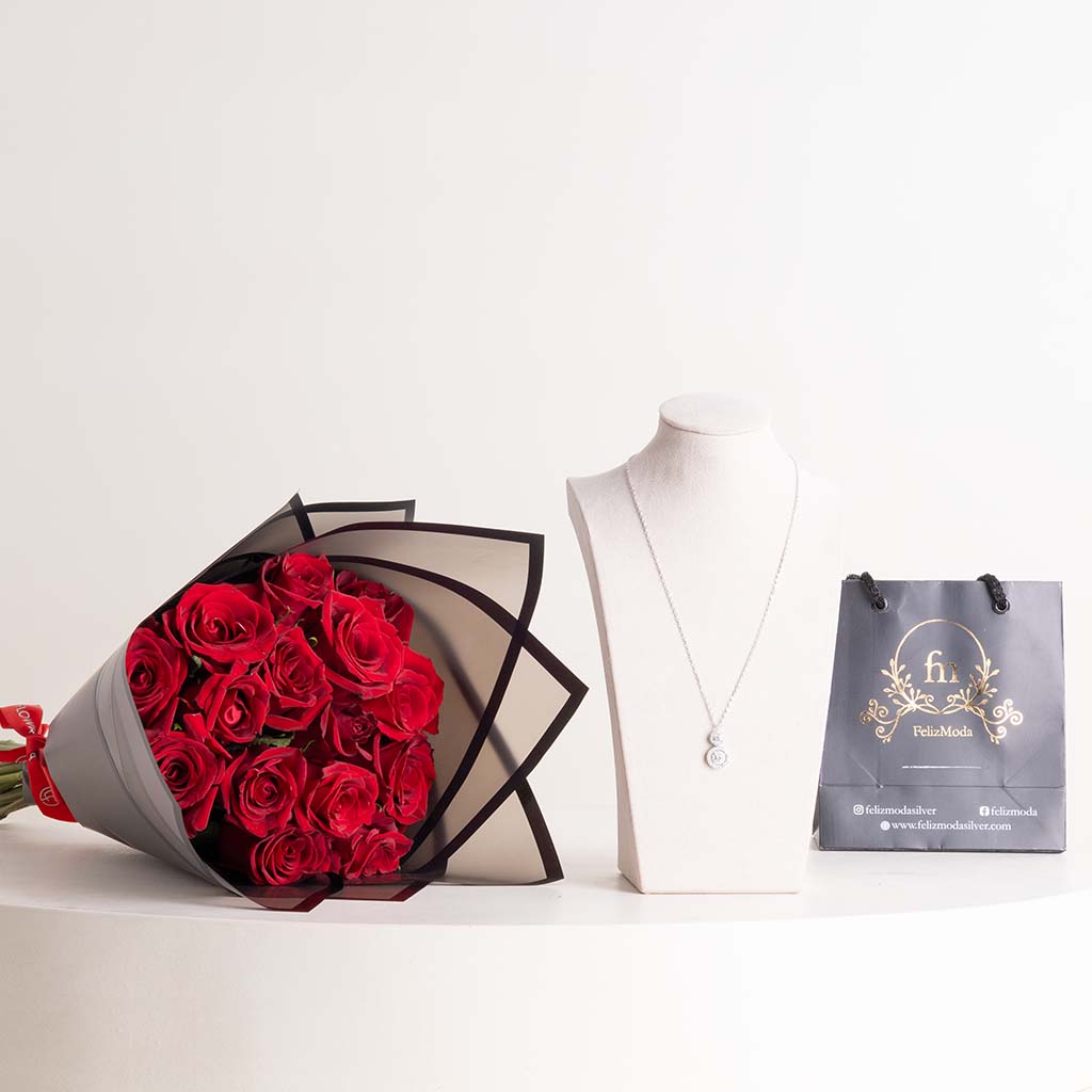 product-image-Felizmode Two Stones Silver Necklace with Zircon & 15 Red Roses