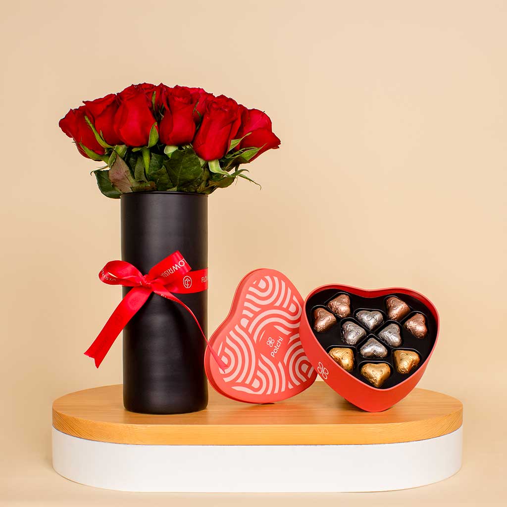 Flowrista Online Flowers Shop Patchi Tin Box of 22 Pieces |15 Red flower vase