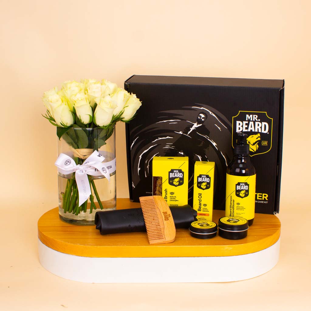 product-image-Master Beard Kit (Aroma Scent) & White Roses Vase
