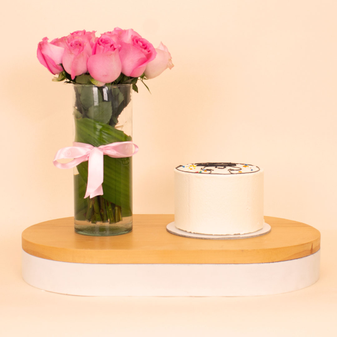 product-image-Ninos “Proud of You” Celebration Cake & 15 Pink Roses Vase