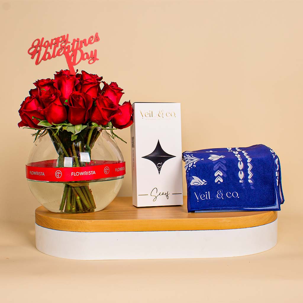 Flowrista Online Flowers Shop Veil & Co Grace Wrap chiffon hijab And The Red Rose Vase