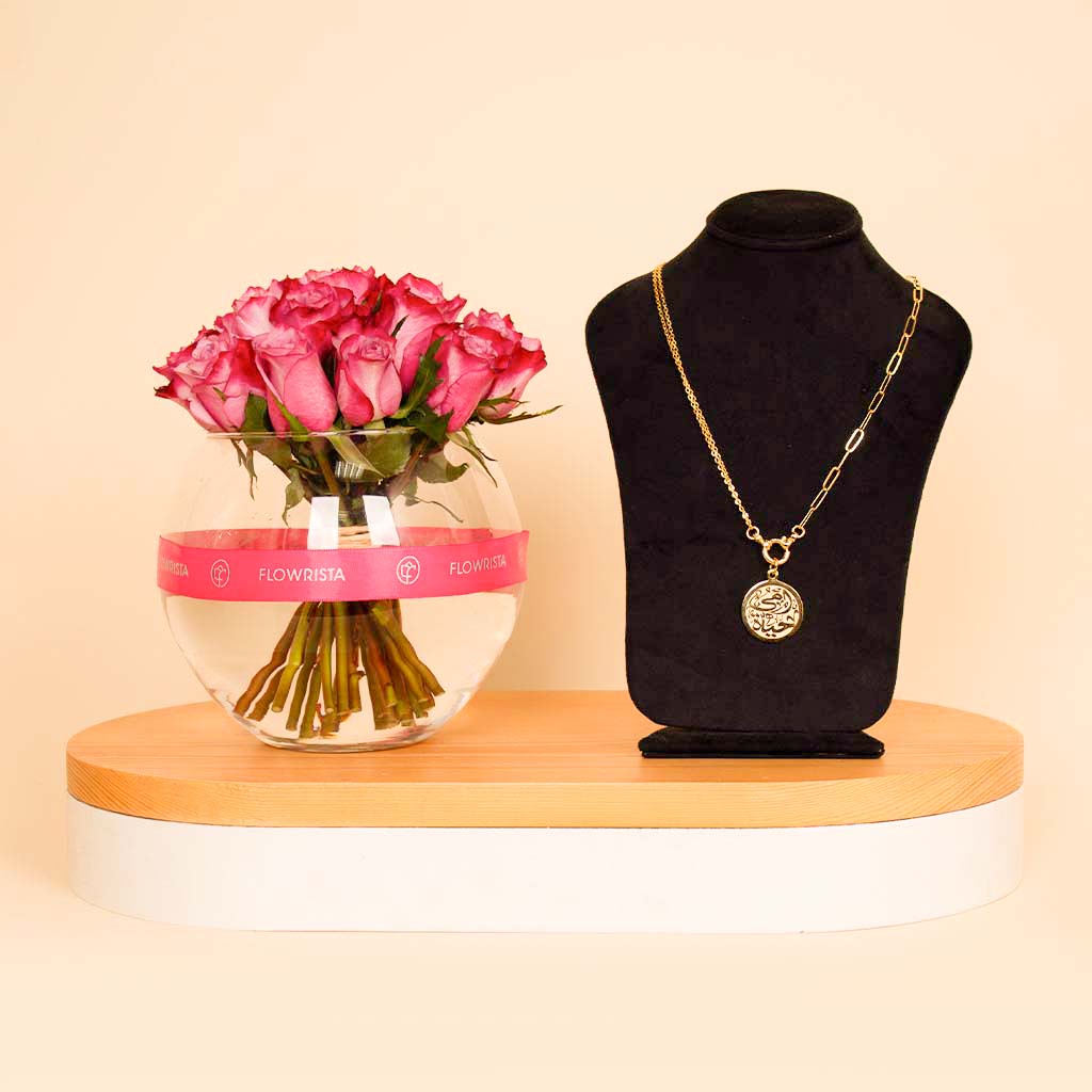 product-image-Feliz Moda Omi Silver Necklace & Vase Of 20 Purple Rose