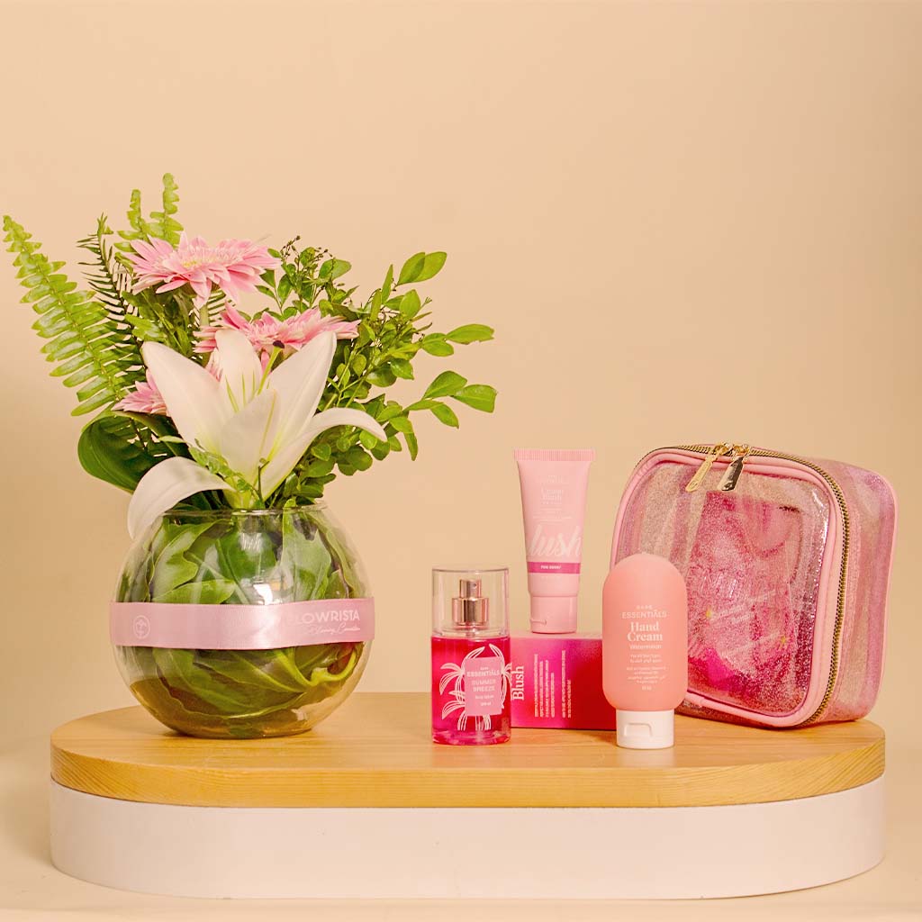 Flowrista Online Flowers Shop Essentials Summer Breeze Barbie Glitter Pouch |  Glass Vase with Gerbera and Lily