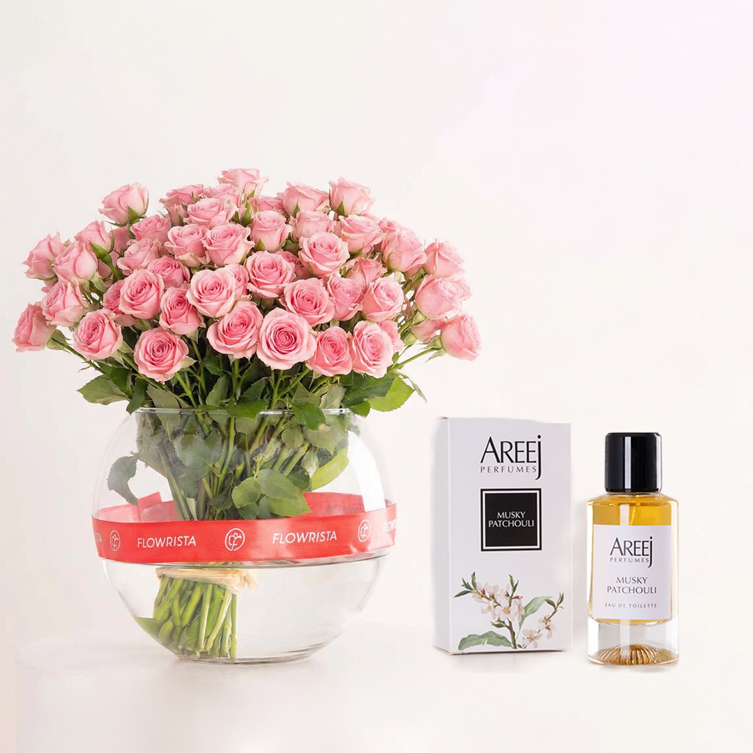 product-image-عطر Areej Musk Patchouli مع مزهرية ورود وردية بيبي روز