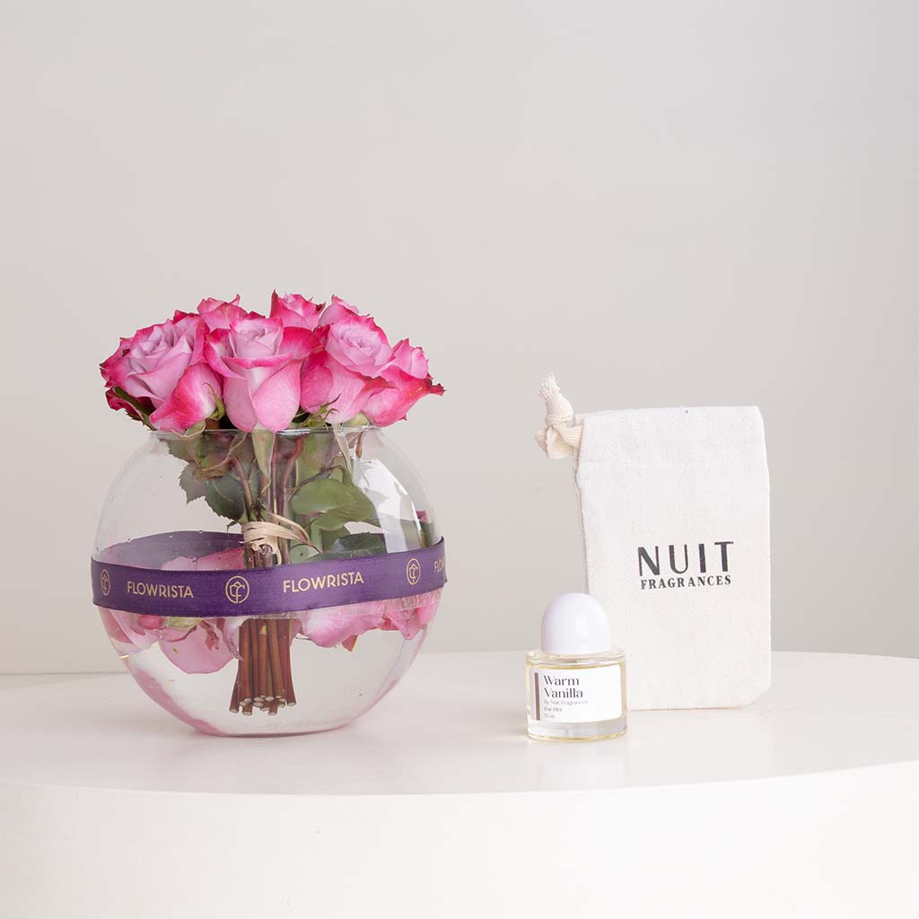 product-image-Nuit Warm Vanilla 50ml & Purple Roses Vase