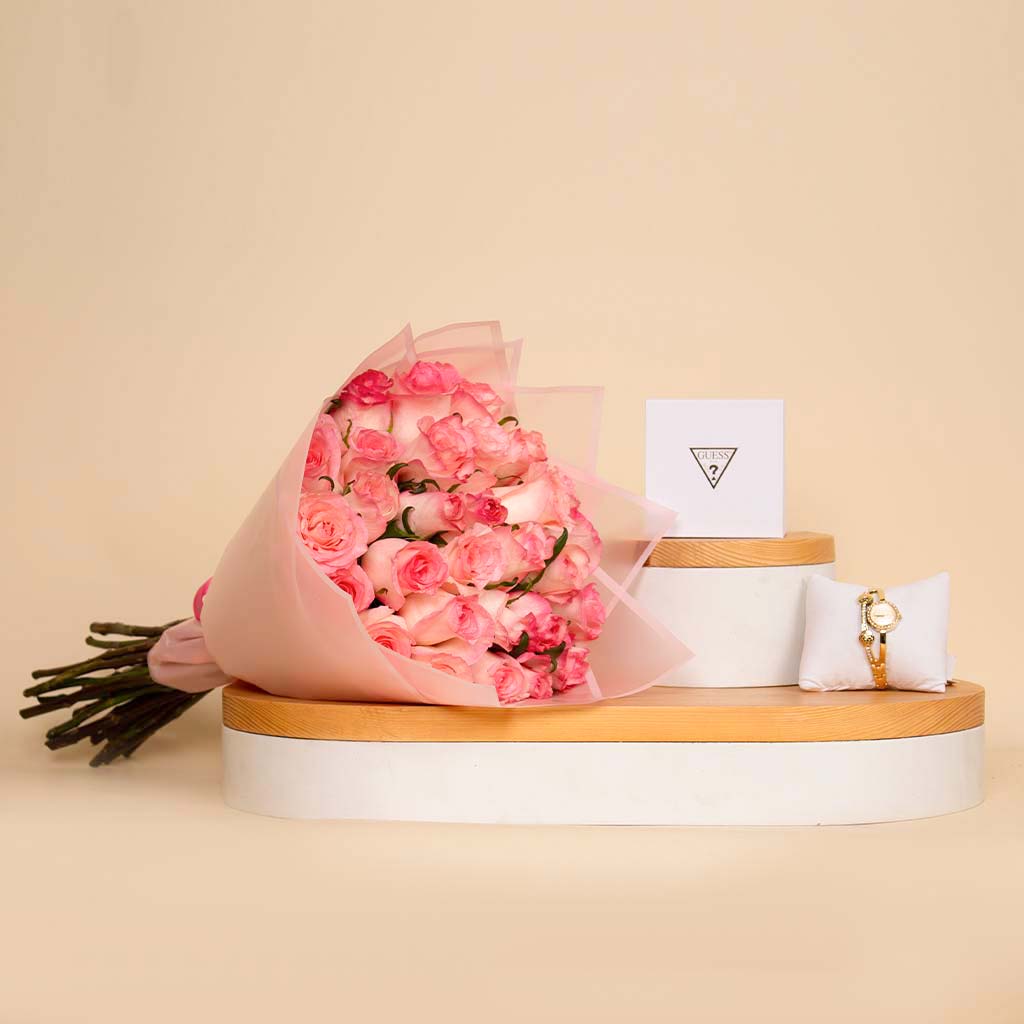 Flowrista Online Flowers Shop ساعة جيس أنالوغ بتصميم ذهبي و 20 وردة بينك