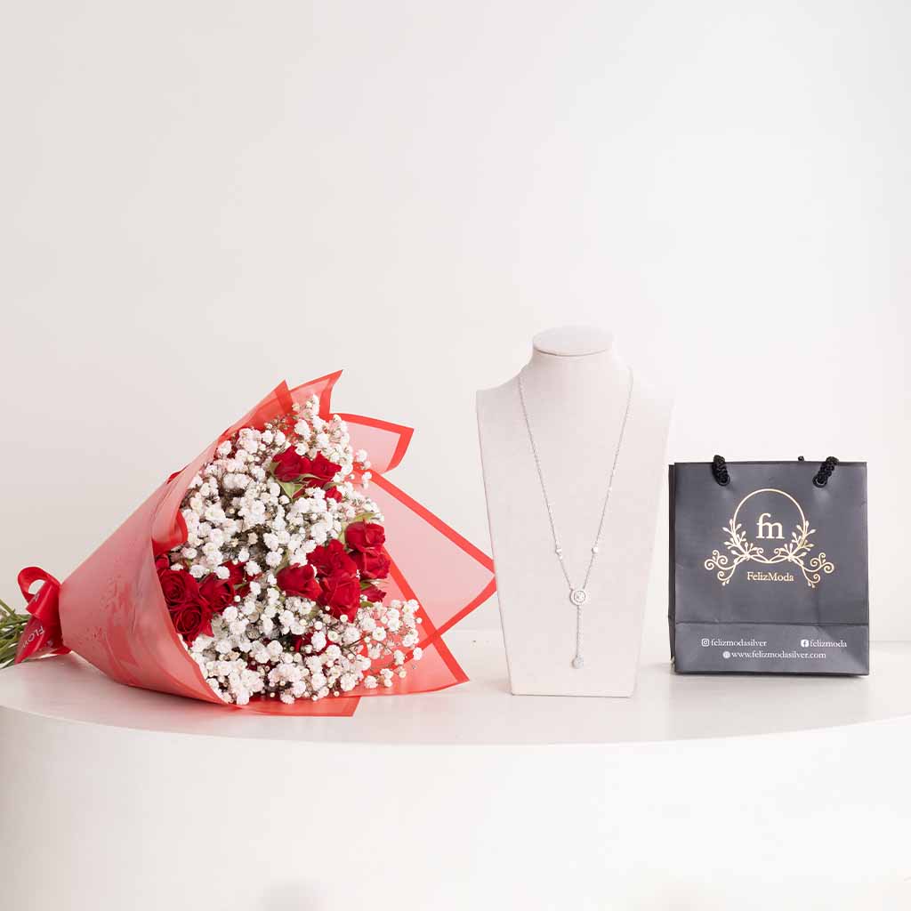 product-image-Felizmoda Silver Zircon Necklace & Baby Rose Mix Bouquet