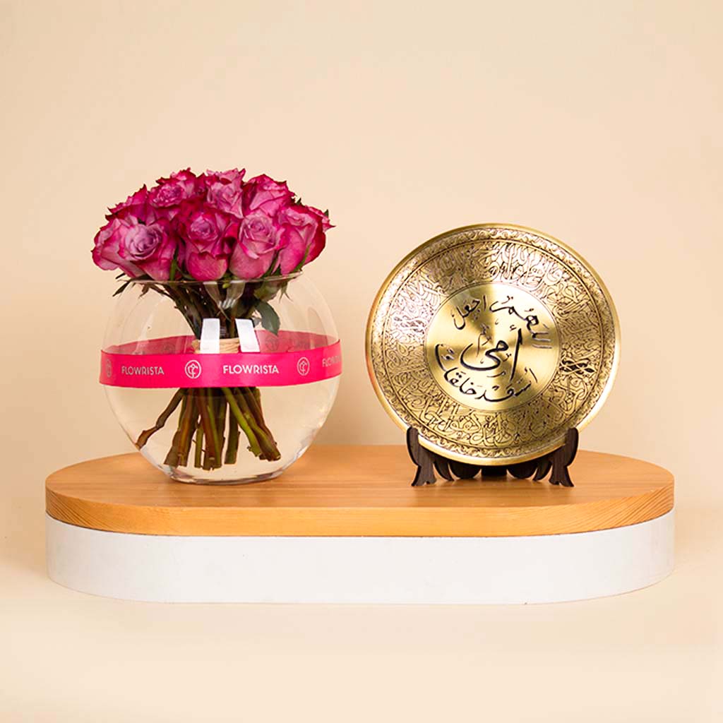 product-image-Mother Golden Shield with a Flower Bowl Vase of 20 Purple Roses