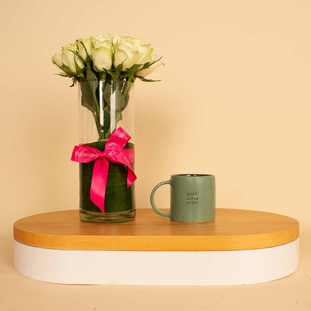 Flowrista Online Flowers Shop Mug Best Mom Ever | 15 White Roses Vase
