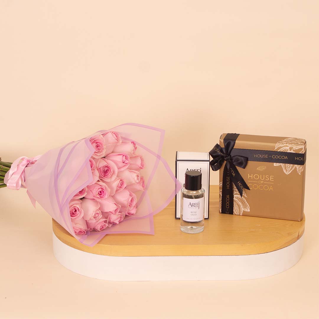 product-image-A Gift of Romance: Rose Oud, Chocolates & 15 Pink Roses