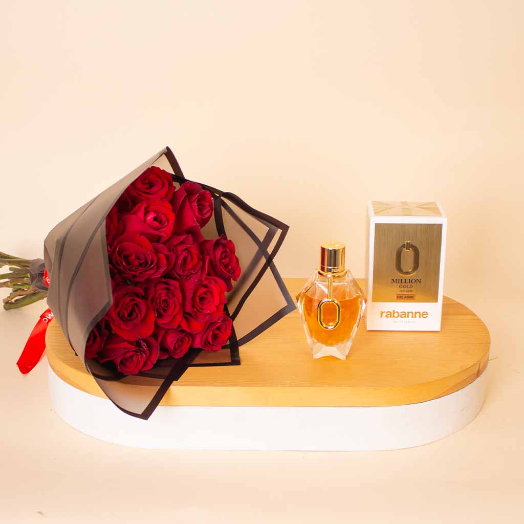 product-image-عطر باكو رابان مليون جولد للنساء أو دو برفيوم 90 مل مع باقة ورود