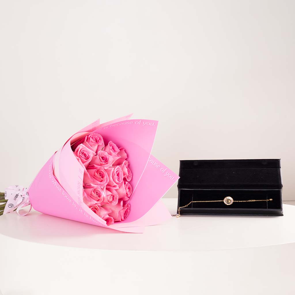 product-image-GUESS Women’s Gold-Tone Charm Chain Bracelet & Pink Roses Bouquet