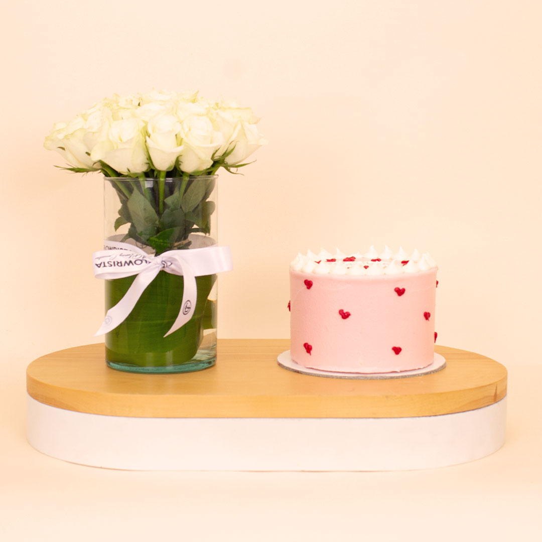 product-image-Ninos Heart-Dotted Birthday Cake & 15 White Roses Vase