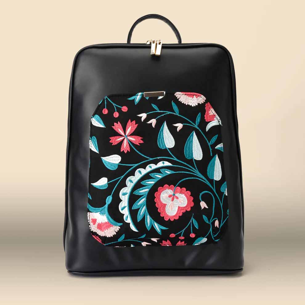 Flowrista Online Flowers Shop Pavo Black with Black embroideries fabric Laptop Backpack or Cross