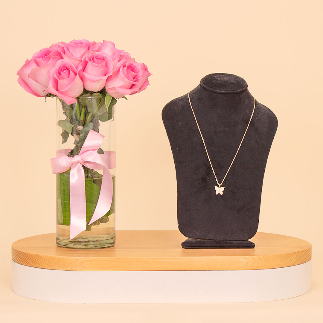 product-image-Markiz Butterfly Necklace & 15 Pink Roses Vase