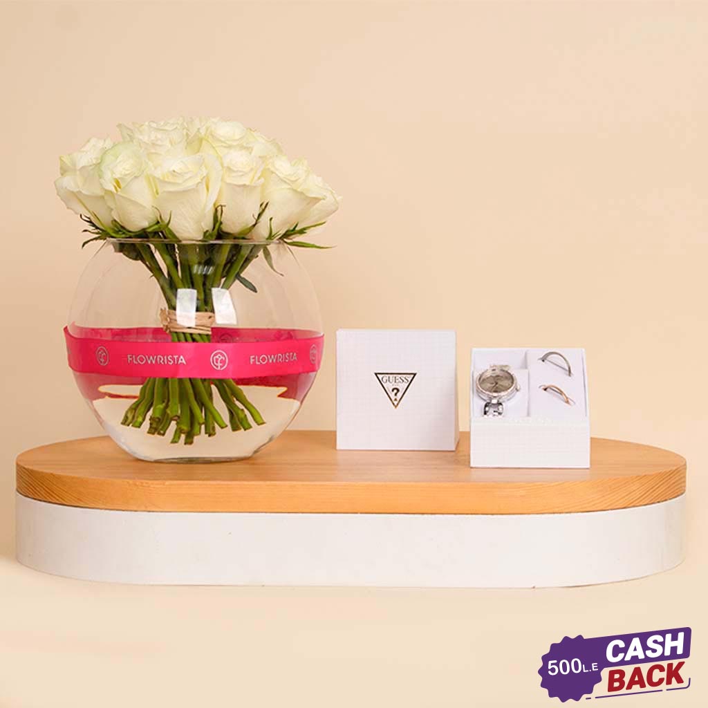 product-image-Guess Stainless Steel Analogue Watch & 20 White Roses Vase