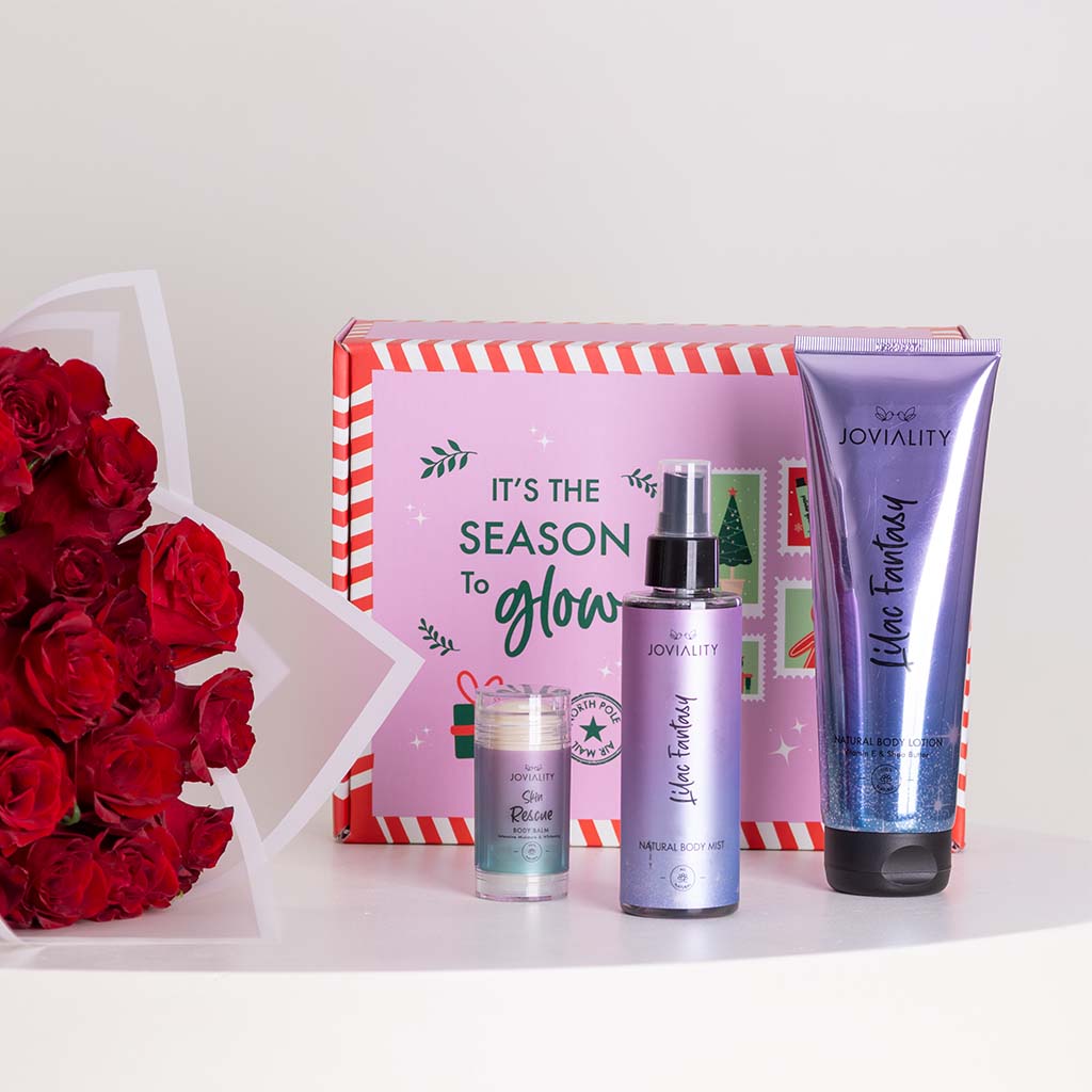 product-image-مجموعة جوفياليتي ليلاك جلو وباقة ورود حمراء