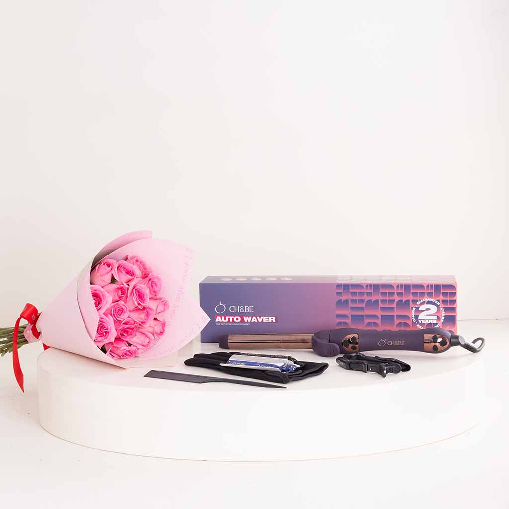 Flowrista Online Flowers Shop جهاز تجعيد الشعر الدوار تشي اند بي مع باقة من الورود الوردية