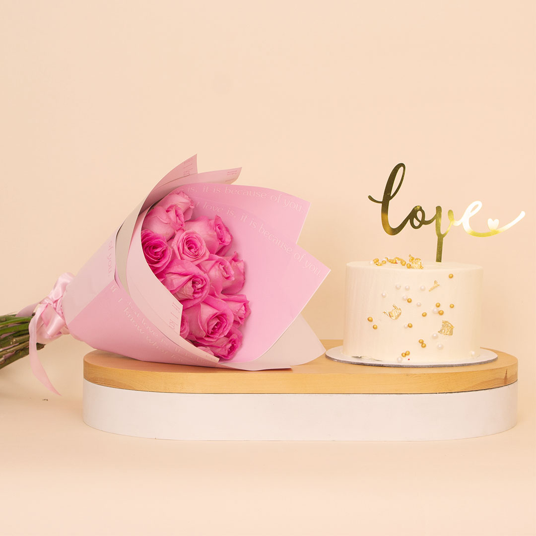 product-image-Ninos Golden Celebrations Cake with Love Topper & Pink Roses