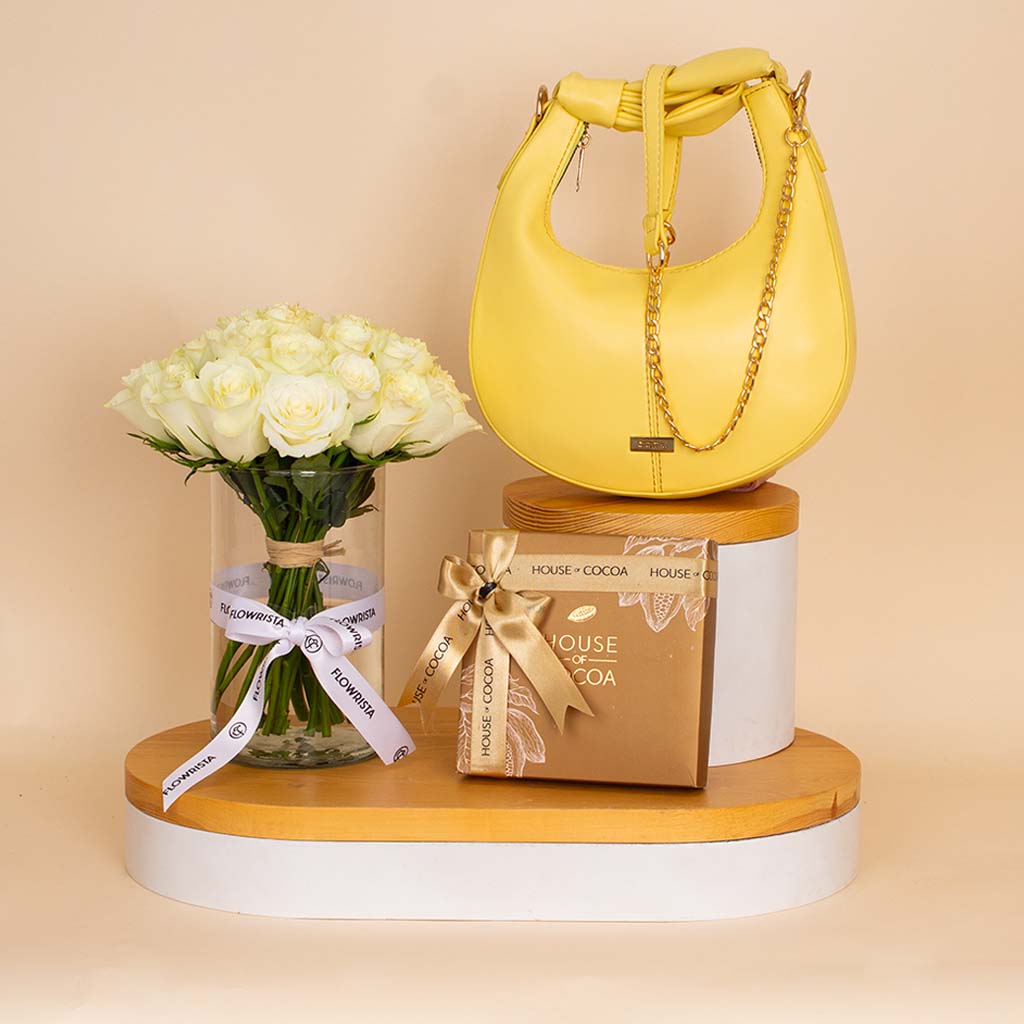product-image-Alamki Bella Yellow Bag & White Roses Vase & House of Cocoa Chocolate Box