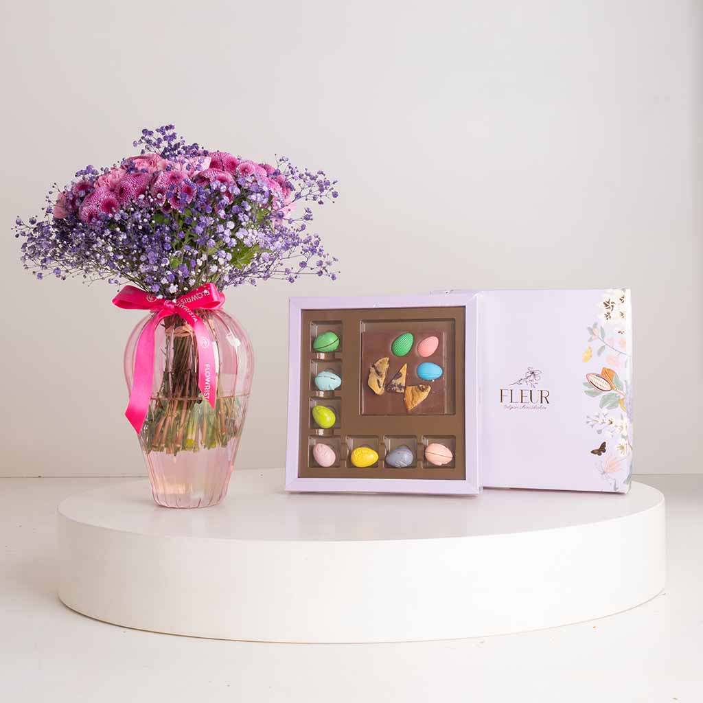 Flowrista Online Flowers Shop علبة شوكولاتة بلجيكية وقالب شوكولاتة من فلير ومزهرية قرنفل