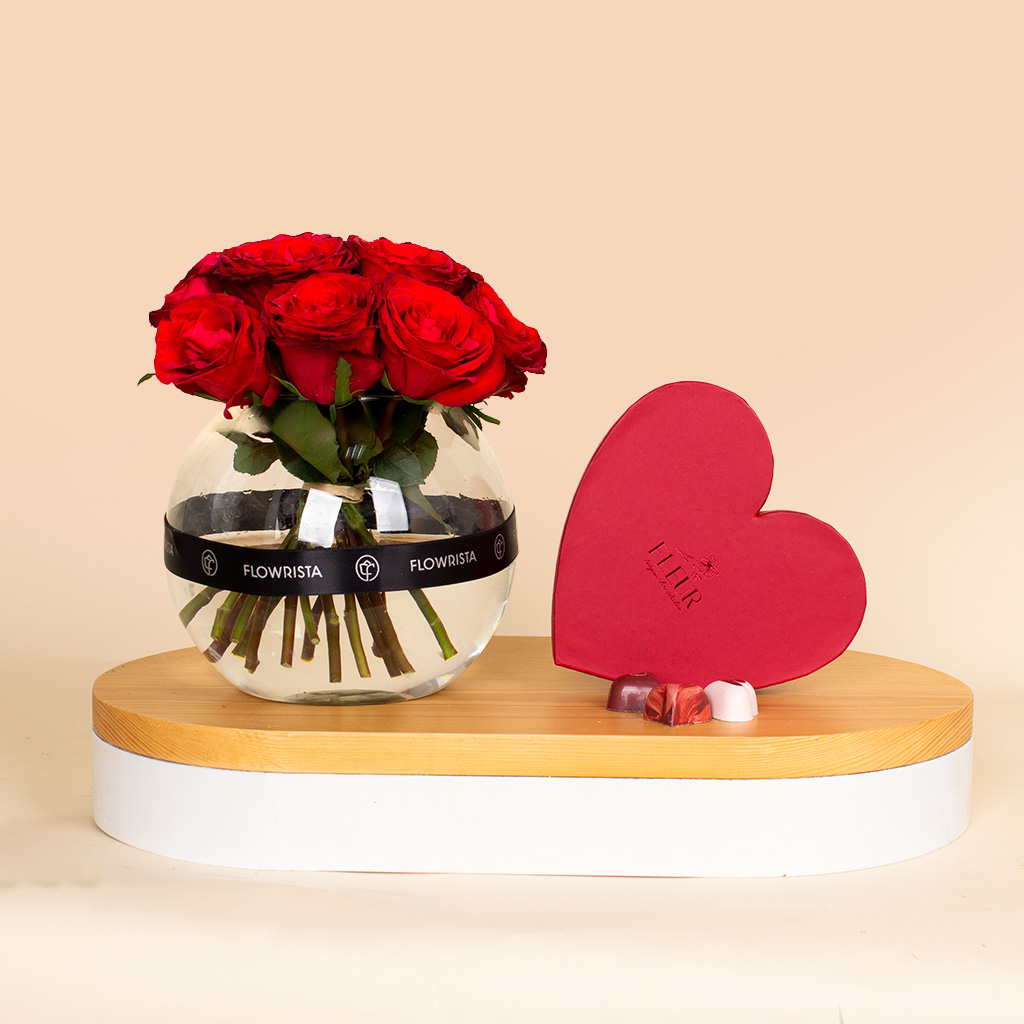 Flowrista Online Flowers Shop علبة شوكولاتة بلجيكية فلور مع مزهرية وردة حمراء