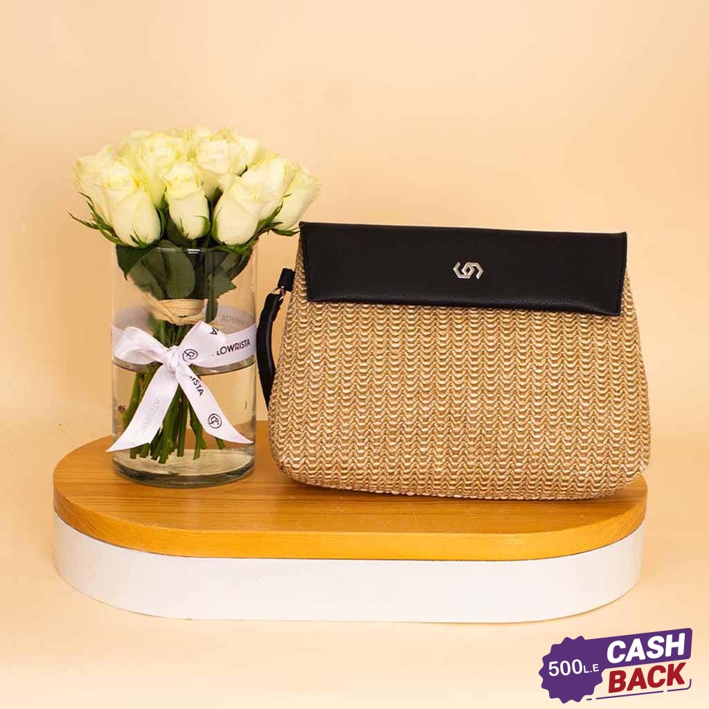 Flowrista Online Flowers Shop Co-Rafya Pouch Black & White Roses Vase