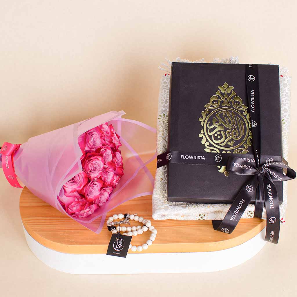 product-image-فانوس لونا جلو ونسخة من المصحف الشريف مع باقة 15 زهرة بنفسجية