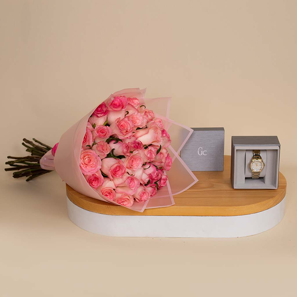 product-image-Gc Women's White Analog Stainless Steel Watch Z12003l1mf & 30 Pink Roses