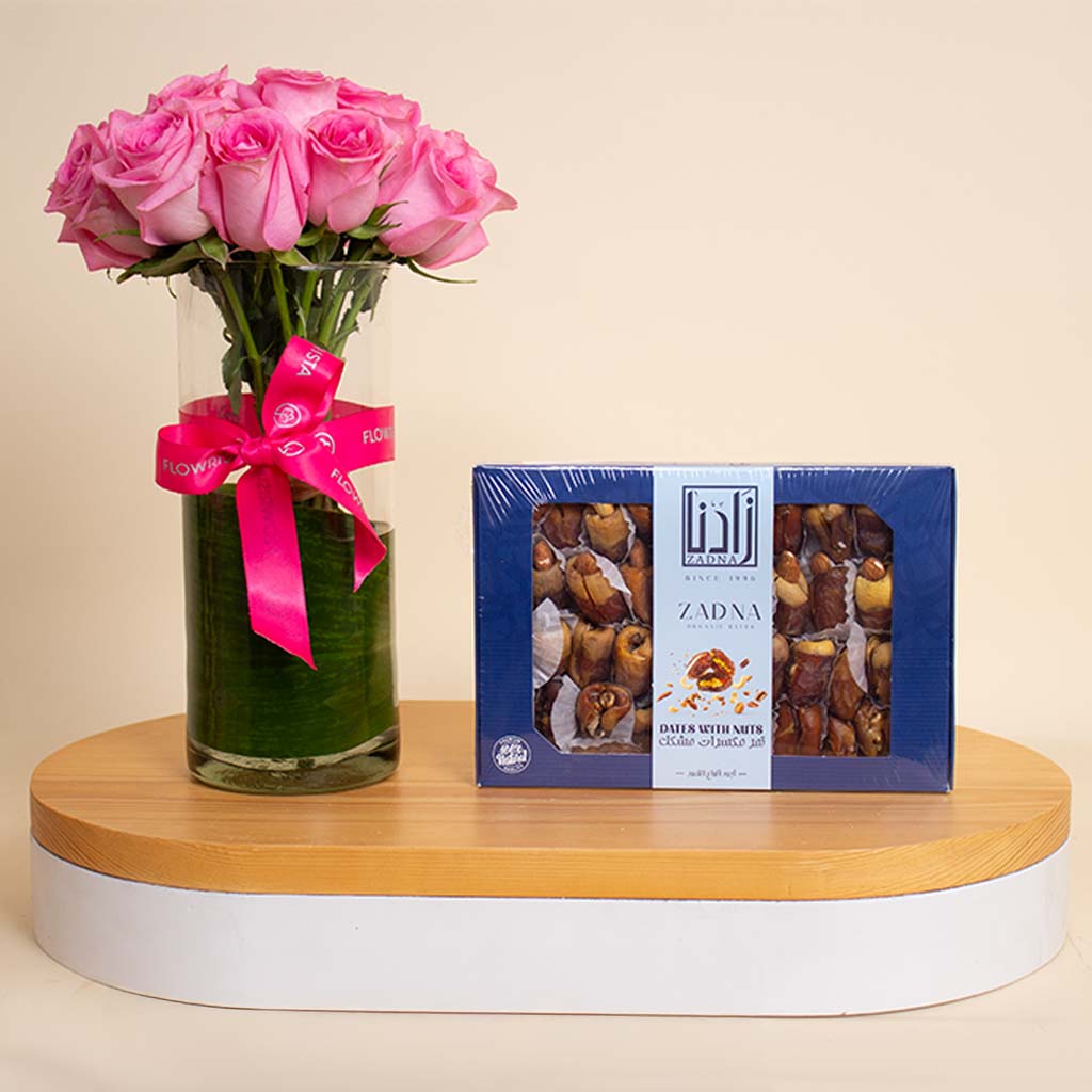 Flowrista Online Flowers Shop Zadna dates mixed nuts and 15 pink roses vase