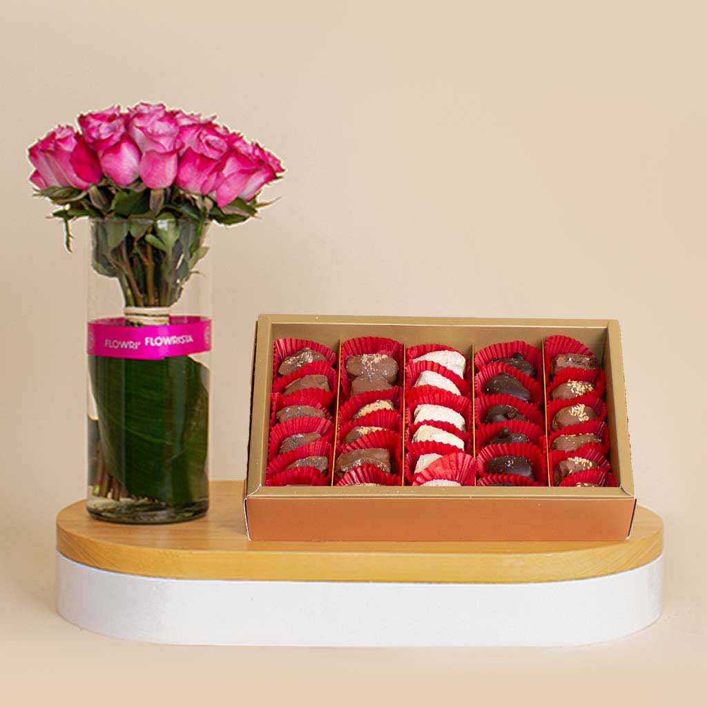 Flowrista Online Flowers Shop House of Cocoa Medjool Chocolate Dates | Purple Rose Vase – 15 Roses