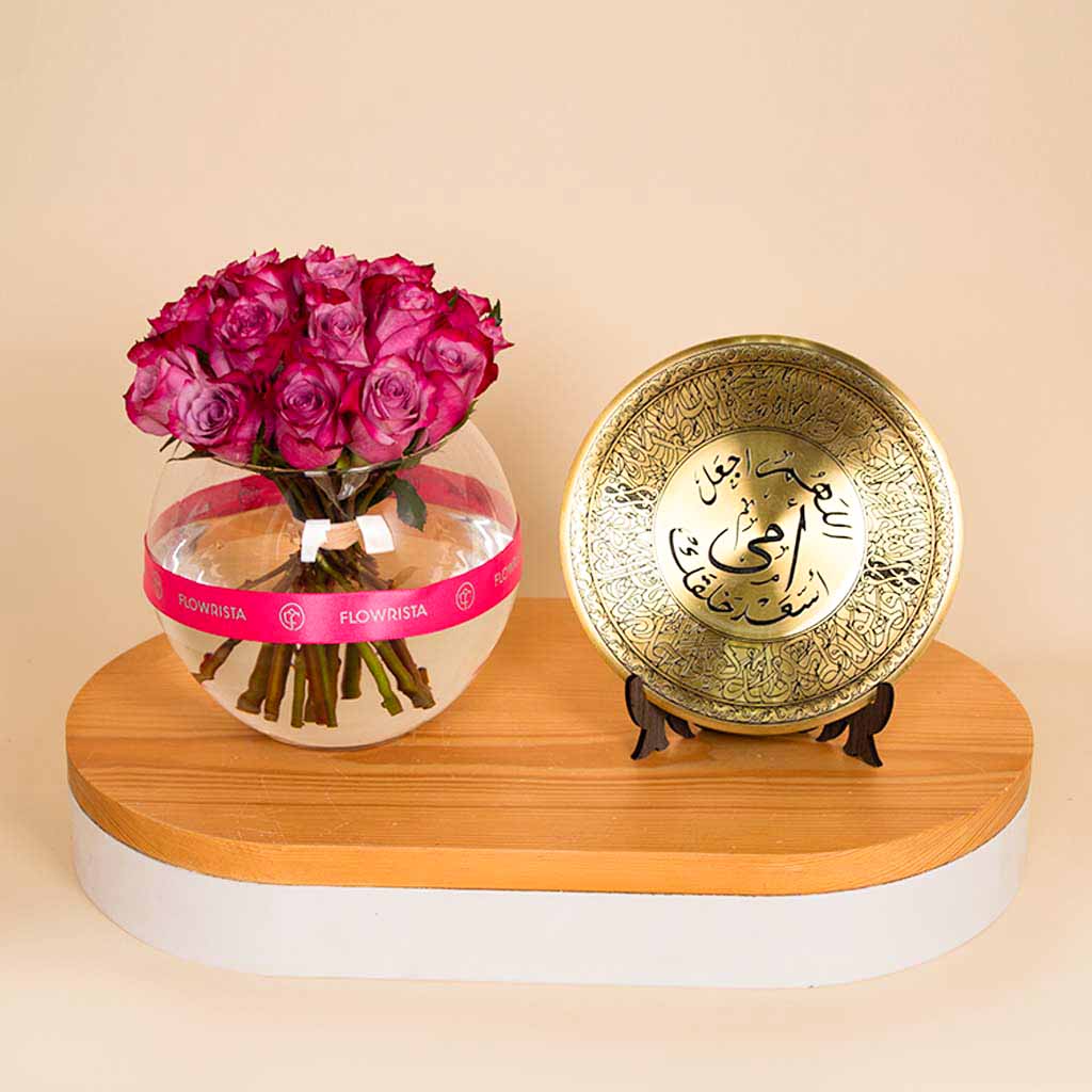 product-image-Mother Golden Shield with a Flower Bowl Vase of 20 Purple Roses