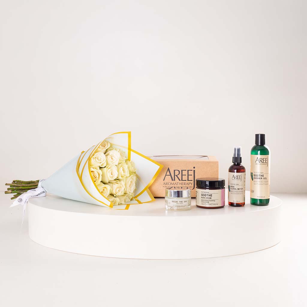 Flowrista Online Flowers Shop Areej Skincare Gift Bundle & White Roses Bouquet